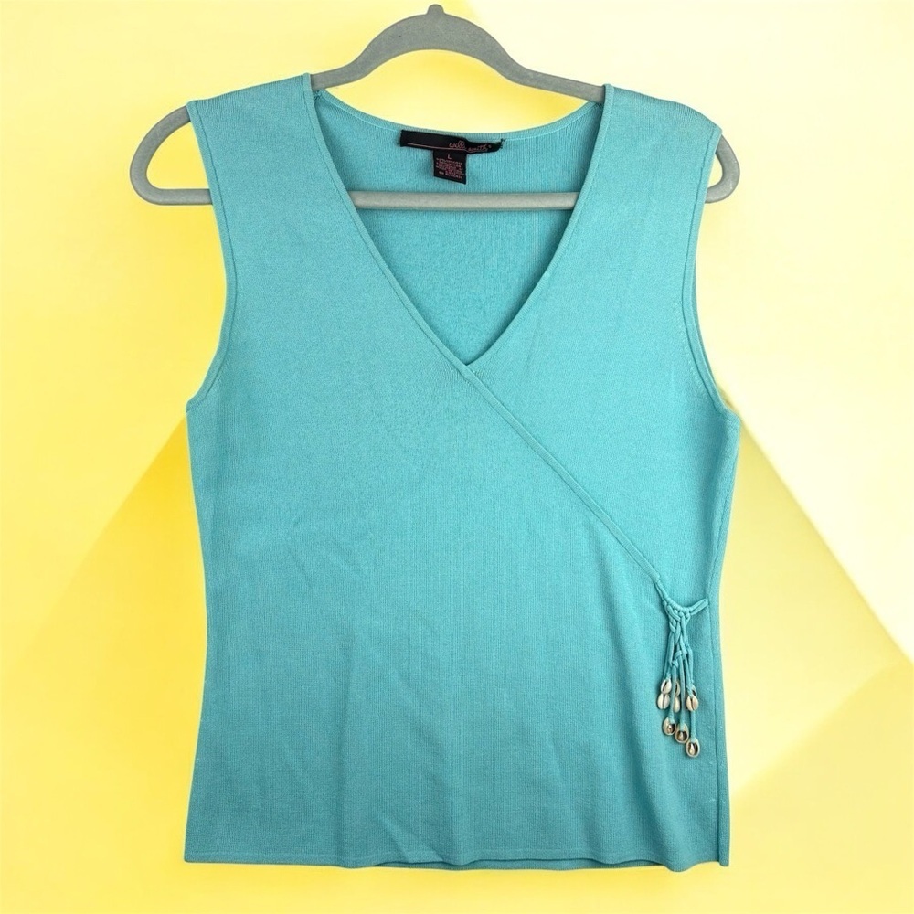 VTG Y2K Will Smith Turquoise Sleeveless Wrap Top Seashell Fringe Size L V-Neck